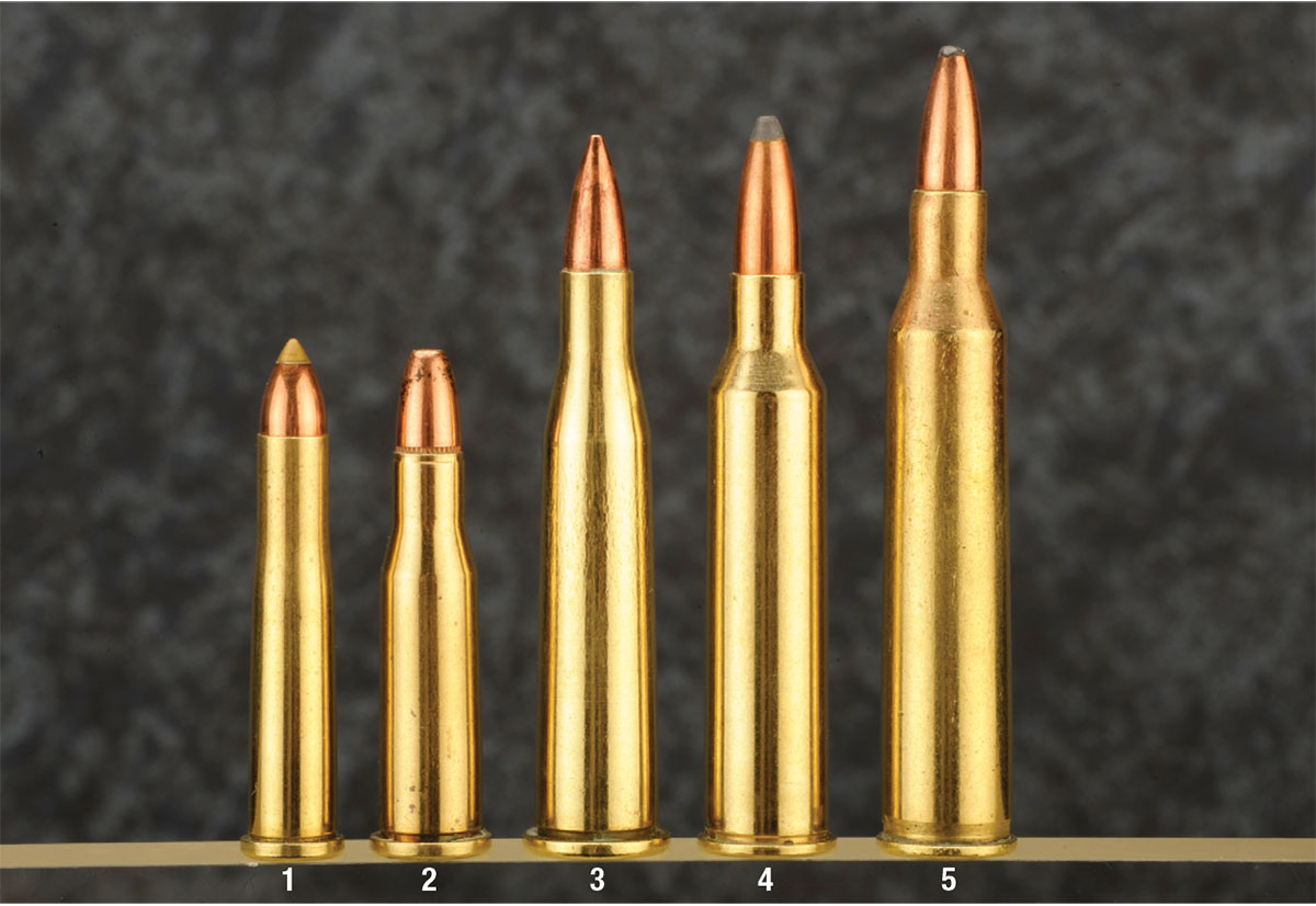 With the exception of the 219 Donaldson, the cartridges shown here are all mentioned in the article and, for the most part, are as classic as you can get in their original form: (1) 22 Hornet, (2) 218 Bee, (3) 219 Zipper, (4) 225 Winchester and (5) 220 Swift.